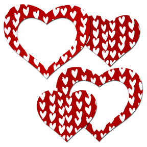 Peek-a-Boob: Red Hearts Pattern on White Heart Frame & Center Heart Nipple Pasties by Pastease®
