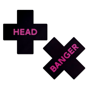 Plus X: 'Head Banger' Black & Neon Pink Cross Nipple Pasties by Pastease® o/s
