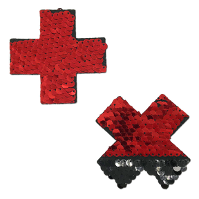 Plus X: Red & Black Flip Sequin Cross Nipple Pasties by Pastease®