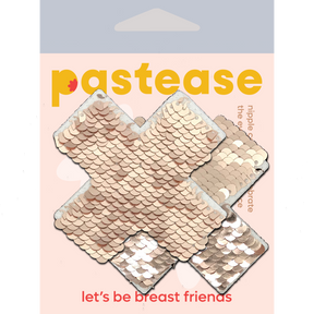 Plus X: Rose Gold Shiny & Matte Flip Sequin Cross Nipple Pasties by Pastease®