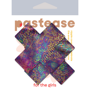 Plus X: Neon Rainbow Tie Dye Snake Print Cross Nipple Pasties by Pastease® o/s