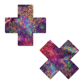 Plus X: Neon Rainbow Tie Dye Snake Print Cross Nipple Pasties by Pastease® o/s