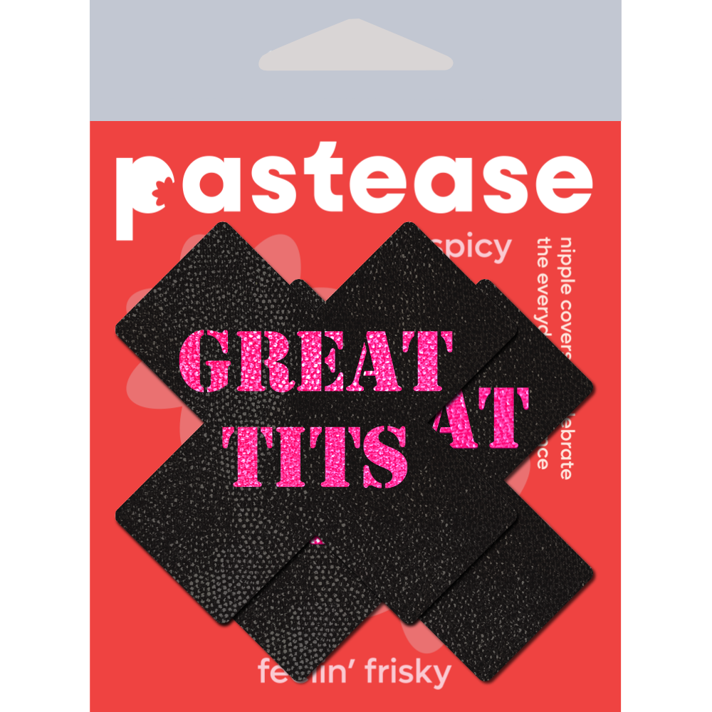 Plus X: Black with Pink 'Great Tits' Cross Nipple Pasties by Pastease® o/s