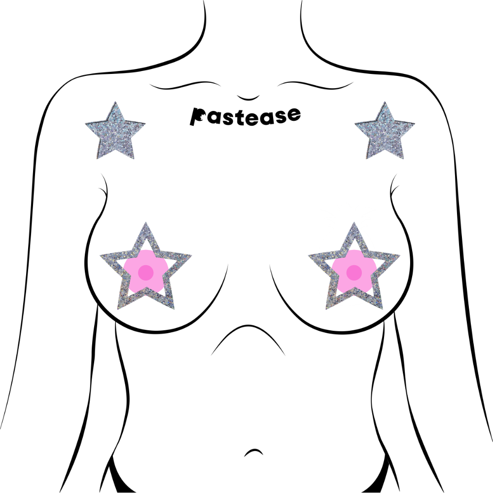 Peek-a-Boob: Silver Glitter Star Frame & Center Nipple Pasties by Pastease®