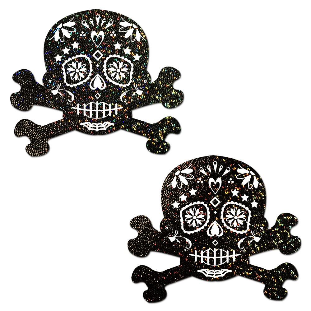 Black Glitter Candy Skull & Crossbones Nipple Pasties by Pastease® o/s