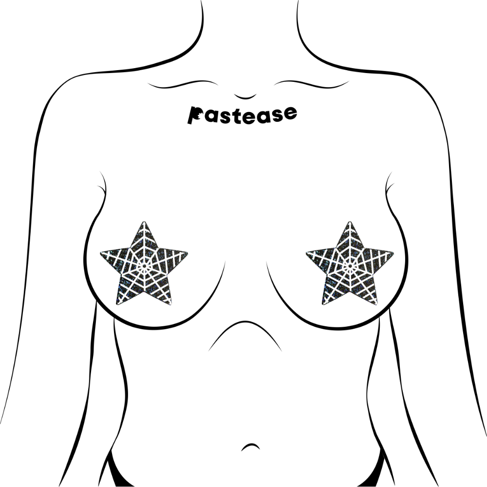 Star: Black Glitter Star with White Glow-In-The-Dark Web Nipple Pasties by Pastease®
