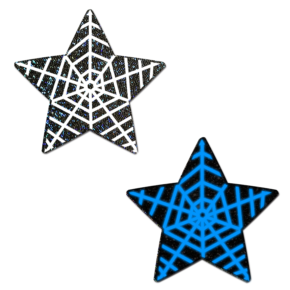 Star: Black Glitter Star with White Glow-In-The-Dark Web Nipple Pasties by Pastease®