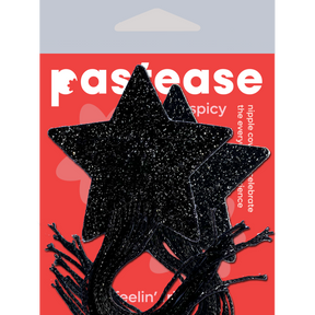 Tassel Pasties: Black Sparkle Star Pastease with Long Fringe Nipple Pasties by Pastease® o/s