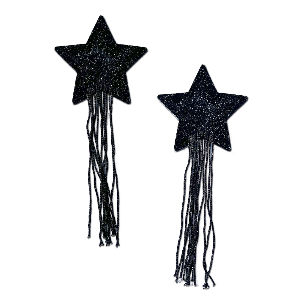 Tassel Pasties: Black Sparkle Star Pastease with Long Fringe Nipple Pasties by Pastease® o/s