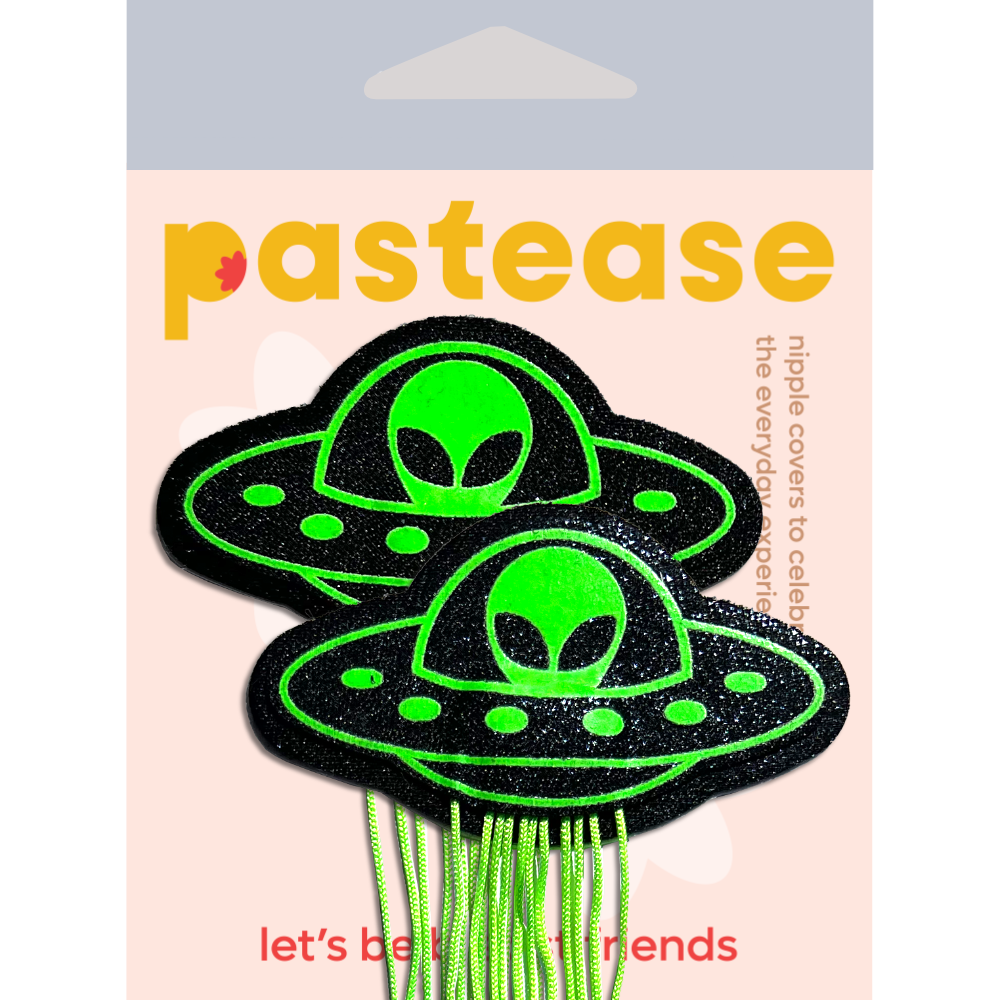 Tassel UFO Alien Glow-in-the-Dark Neon Green on Black Nipple Pasties by Pastease®