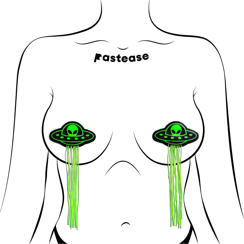 Tassel UFO Alien Glow-in-the-Dark Neon Green on Black Nipple Pasties by Pastease®