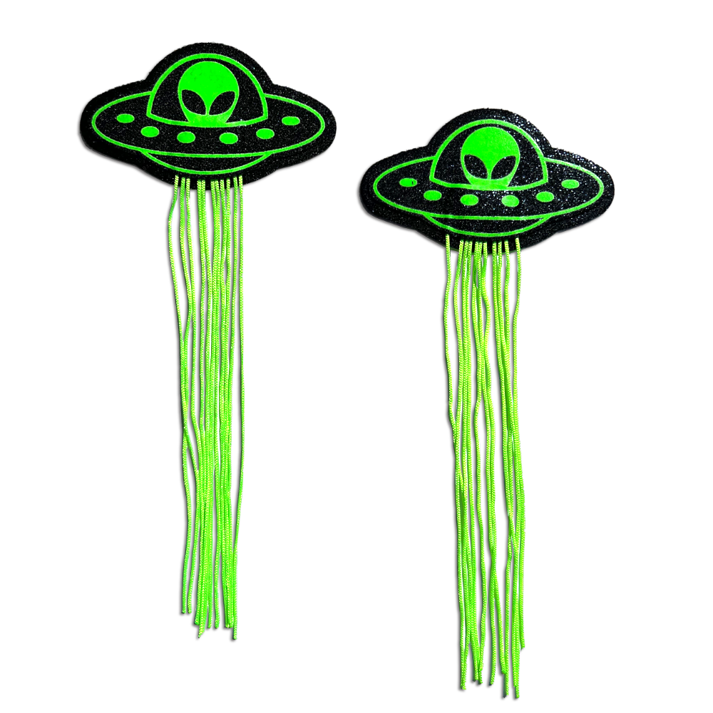 Tassel UFO Alien Glow-in-the-Dark Neon Green on Black Nipple Pasties by Pastease®