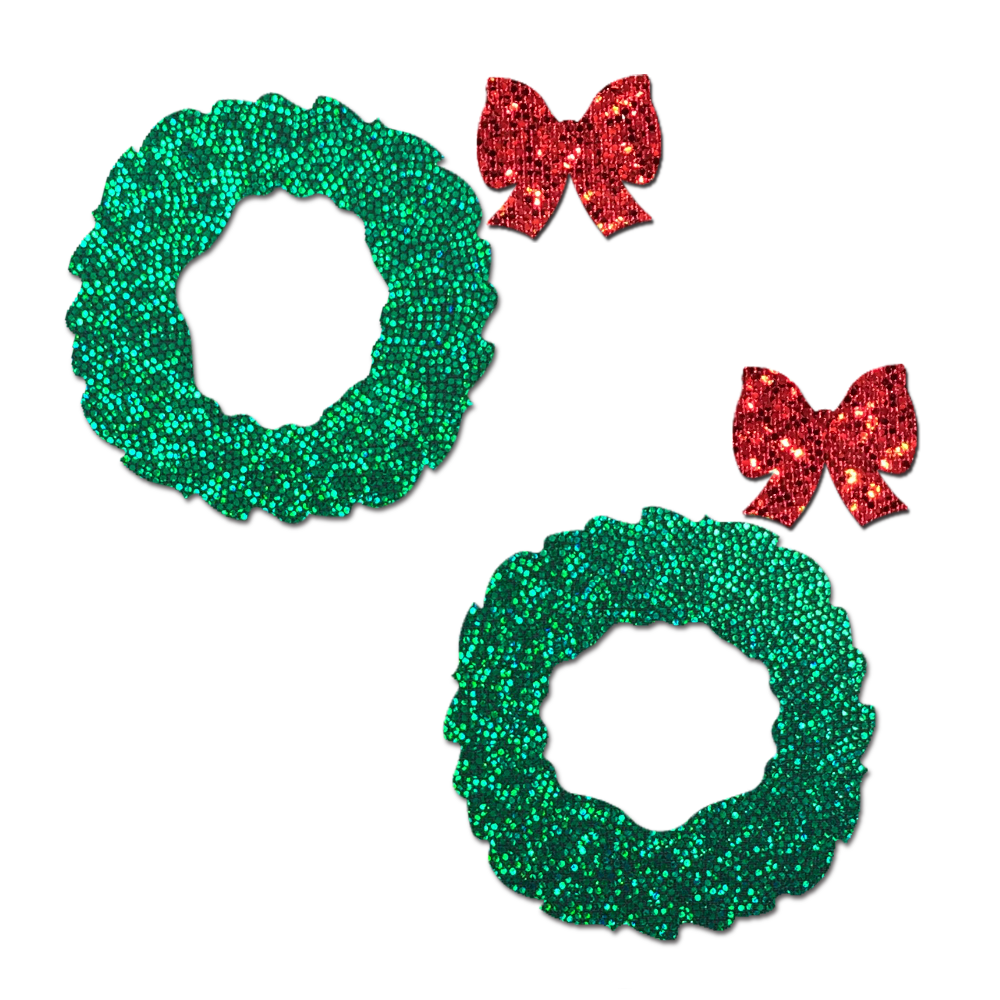 Peek-a-Boob: Green Glitter Wreath with Red Glitter Bow Nipple Pasties by Pastease®
